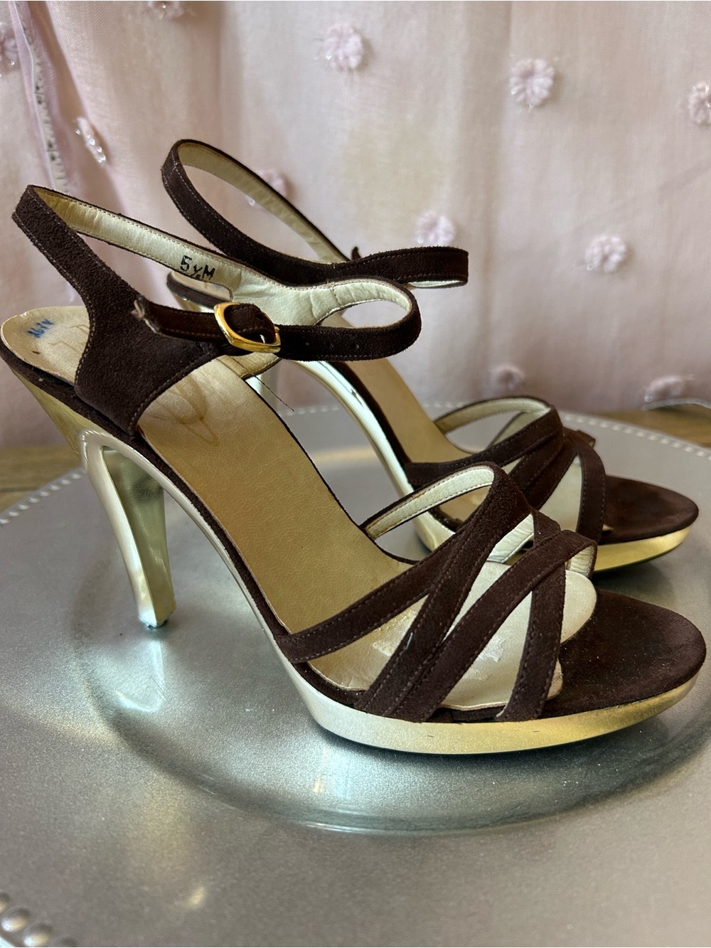 Van Eli Brown Suede Strappy Platform Heels with Gold Accents